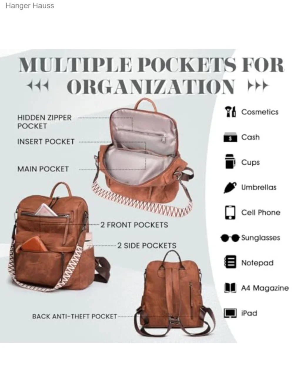 Women's PU Leather Backpack Purse, Multiple Pockets Waterproof, Adjustable